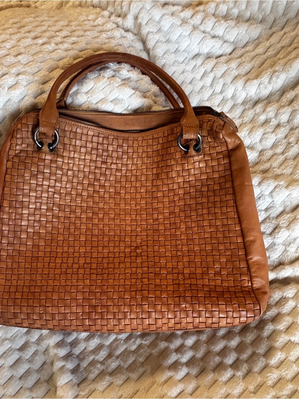 Cognac Woven Leather Tote Zip Top Large Handmade India